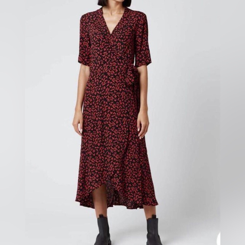 Ganni Crepe Wrap Midi High-Low Dress Floral Size 38